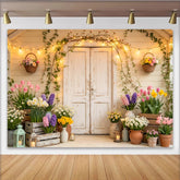 Lofaris Rustikaler Frühlingsgarten-Hintergrund mit bunten Blumen und Lichterkette, charmante Fotokulisse für Frühlingsfotoshootings