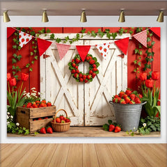 Lofaris Rustikaler Erdbeer-Fotohintergrund rote Scheunentür mit frischen Tulpen, idyllische Kulisse für Frühlings- und Sommerfotoshootings
