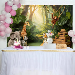 Lofaris Üppiger Dschungel Fotohintergrund mit Safari-Tieren und Waldlandschaft, realistische Kulisse für Fotoshootings und Eventdekoration