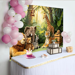 Lofaris Grüner Dschungel Safari-Hintergrund mit Plüschtieren für Kinder, Abenteuer-Fotokulisse für Tier-Fotoshootings und Partydekoration