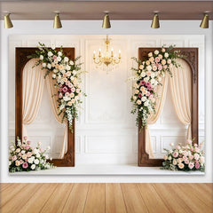 Lofaris Eleganter floraler Hochzeitshintergrund mit Rosen und Holzrahmen, luxuriöse Kulisse für romantische Feiern und Fotoshootings
