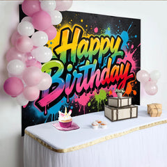 Lofaris Lebendiger Graffiti Happy Birthday Hintergrund mit bunten Farbspritzern, coole Fotowand für Geburtstagsparty und Fotoshooting