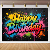 Lofaris Lebendiger Graffiti Happy Birthday Hintergrund mit bunten Farbspritzern, coole Fotowand für Geburtstagsparty und Fotoshooting