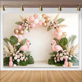 Lofaris Rosa Flamingo Babyparty Hintergrund mit goldenen Ballons, tropische Fotokulisse für Feiern, Events und professionelle Fotoshootings