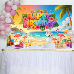 Lofaris Bunter Tropischer Geburtstagshintergrund mit Flamingos und Palmen, Strandparty-Kulisse für Sommerfeste und Fotoshootings