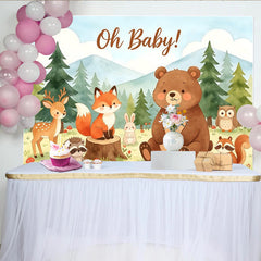 Lofaris Oh Baby Waldtiere Babyparty Hintergrund mit süßen Tieren und Bergen, niedliche Fotokulisse für Babyparty Dekoration