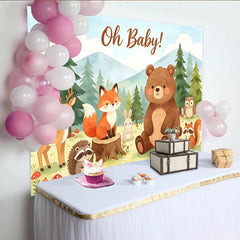 Lofaris Oh Baby Waldtiere Babyparty Hintergrund mit süßen Tieren und Bergen, niedliche Fotokulisse für Babyparty Dekoration