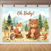 Lofaris Oh Baby Waldtiere Babyparty Hintergrund mit süßen Tieren und Bergen, niedliche Fotokulisse für Babyparty Dekoration