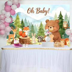 Lofaris Niedlicher Waldtier Babyparty Hintergrund mit Oh Baby Schriftzug, Aquarell Fotowand für Jungen und Mädchen im Wald Design