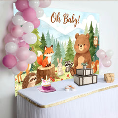 Lofaris Niedlicher Waldtier Babyparty Hintergrund mit Oh Baby Schriftzug, Aquarell Fotowand für Jungen und Mädchen im Wald Design
