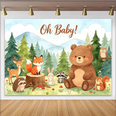 Lofaris Niedlicher Waldtier Babyparty Hintergrund mit Oh Baby Schriftzug, Aquarell Fotowand für Jungen und Mädchen im Wald Design