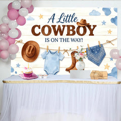 Lofaris Blauer Cowboy Babyparty Hintergrund für Jungen mit Stiefeln, Holzstruktur Kulisse mit Wolken und Sternen für Babyparty Dekoration