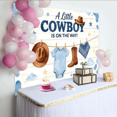 Lofaris Blauer Cowboy Babyparty Hintergrund für Jungen mit Stiefeln und Hut, rustikale Holzoptik Kulisse für Baby Shower Dekoration