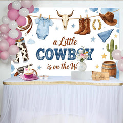 Lofaris Blauer Cowboy Babyparty Hintergrund für Jungen, rustikale Fotowand mit Strampler und Cowboystiefeln