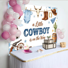 Lofaris Blauer Cowboy Babyparty Hintergrund für Jungen, rustikale Fotowand mit Strampler und Cowboystiefeln