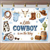 Lofaris Blauer Cowboy Babyparty Hintergrund für Jungen, rustikale Fotowand mit Strampler und Cowboystiefeln