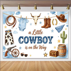 Lofaris Blauer Cowboy Babyparty Hintergrund für Jungen, rustikale Fotowand mit Strampler und Cowboystiefeln