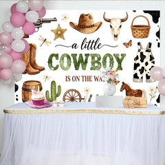 Lofaris Rustikaler Cowboy Babyparty Hintergrund mit Kuhflecken, Stiefeln und Kaktus für Jungen, als charmante Fotowand für Babyparty-Feiern