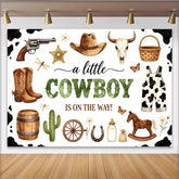 Lofaris Rustikaler Cowboy Babyparty Hintergrund mit Kuhflecken, Stiefeln und Kaktus für Jungen, als charmante Fotowand für Babyparty-Feiern