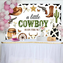 Lofaris Rustikaler Cowboy Babyparty Hintergrund für Jungen mit Hut Stiefeln Kaktus, Kuhfleckenmuster Fotowand, Western-Kulisse für Baby Shower