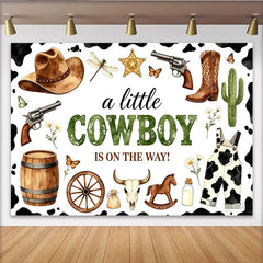 Lofaris Rustikaler Cowboy Babyparty Hintergrund für Jungen mit Hut Stiefeln Kaktus, Kuhfleckenmuster Fotowand, Western-Kulisse für Baby Shower