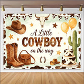 Lofaris Rustikaler Cowboy Babyparty Hintergrund für Jungen, charmante Kulisse mit Stiefeln, Kaktus und Kuchen für Fotoshootings