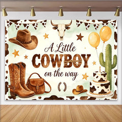 Lofaris Rustikaler Cowboy Babyparty Hintergrund für Jungen, charmante Kulisse mit Stiefeln, Kaktus und Kuchen für Fotoshootings