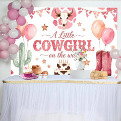 Lofaris Rosa Cowgirl Babyparty Hintergrund für Mädchen mit Stiefeln und Kakteen, süße Fotowand für Babyparty-Dekoration