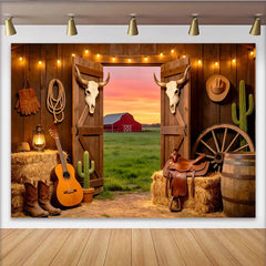 Lofaris Rustikaler Westernhintergrund mit Scheunentor Sonnenuntergang und Heuballen, ländliche Fotokulisse für Cowboy-Party und Fotoshooting