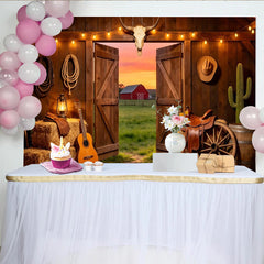 Lofaris Rustikaler Western-Hintergrund mit Scheunentor Sonnenuntergang, ländliche Fotokulisse für Fotoshooting und Partydekoration
