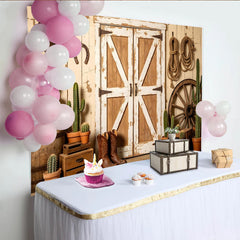 Lofaris Rustikaler Western Scheunentor Fotohintergrund mit Kakteen und Cowboyhut, Alte Holz Fotowand für Fotoshootings und Country-Events