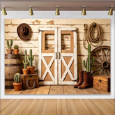 Lofaris Rustikaler Western-Scheunentor-Hintergrund mit Cowboyhut und Kakteen, Vintage Fotowand für Fotoshooting und Wildwest-Partydekoration