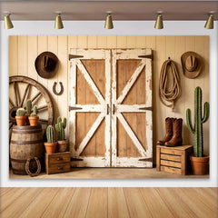 Lofaris Rustikaler Western Scheunentor Fotohintergrund mit Holzwand und Kakteen, Vintage Cowboy-Stil Kulisse für professionelle Fotoshootings