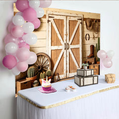 Lofaris Rustikaler Scheunentor Western Fotohintergrund mit Cowboyhüten und Kakteen, Holzwand Kulisse für Fotoshooting und Partydekoration