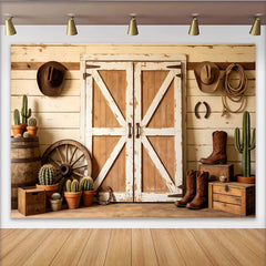 Lofaris Rustikaler Scheunentor Western Fotohintergrund mit Cowboyhüten und Kakteen, Holzwand Kulisse für Fotoshooting und Partydekoration
