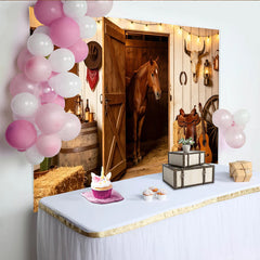 Lofaris Rustikaler Western-Hintergrund mit Pferd und Scheunentor, Cowboy-Stil Fotowand für Fotoshooting und Partydekoration