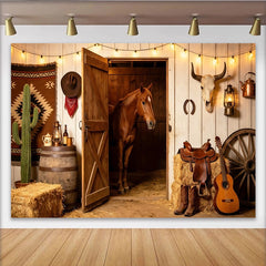 Lofaris Rustikaler Western-Hintergrund mit Pferd und Scheunentor, Cowboy-Stil Fotowand für Fotoshooting und Partydekoration