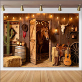 Lofaris Rustikaler Western Scheunen Fotohintergrund mit Pferd und Cowboyhut, ländliche Kulisse für Fotoshooting und Partydekoration