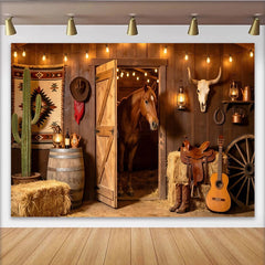 Lofaris Rustikaler Western Scheunen Fotohintergrund mit Pferd und Cowboyhut, ländliche Kulisse für Fotoshooting und Partydekoration