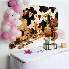 Lofaris Rustikaler Cowboy Geburtstagshintergrund für Kinderparty, Kuhfellmuster Kulisse mit Schaukelpferd und Kaktus für Fotos