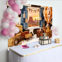 Lofaris Rustikaler Cowboyhintergrund mit Kuhfellmuster und Wüstenlandschaft für Kinderfotos, Western-Kulisse für professionelle Fotografie