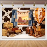 Lofaris Rustikaler Cowboyhintergrund mit Kuhfellmuster und Wüstenlandschaft für Kinderfotos, Western-Kulisse für professionelle Fotografie