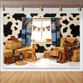 Lofaris Rustikaler Cowboyhintergrund mit Kuhfellmuster und Heuballen für Kinder, Western Fotokulisse für Fotoshooting und Partydekoration