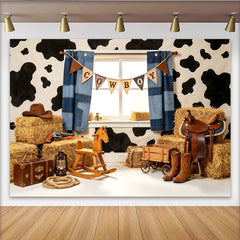 Lofaris Rustikaler Cowboyhintergrund mit Kuhfellmuster und Heuballen für Kinder, Western Fotokulisse für Fotoshooting und Partydekoration