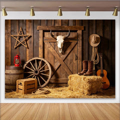Lofaris Rustikaler Western Fotohintergrund mit Scheunentor und Stierschädel, Cowboy-Stiefeln und Heu, ideale Kulisse für Fotoshootings