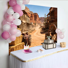 Lofaris Staubiger Westernstadt Hintergrund mit roten Felsen und Kakteen, rustikale Fotokulisse für Cowboy-Partys und Fotoshootings