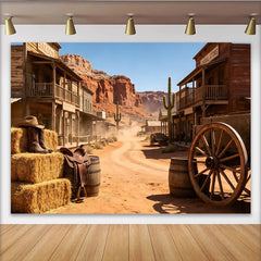 Lofaris Staubiger Westernstadt Hintergrund mit roten Felsen und Kakteen, rustikale Fotokulisse für Cowboy-Partys und Fotoshootings