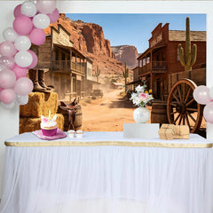 Lofaris Authentischer Western Saloon Fotohintergrund mit Kakteen und Holzgebäuden, staubige Wüstenlandschaft Kulisse für Fotoshootings