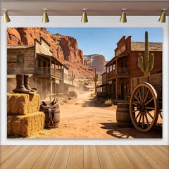 Lofaris Authentischer Western Saloon Fotohintergrund mit Kakteen und Holzgebäuden, staubige Wüstenlandschaft Kulisse für Fotoshootings
