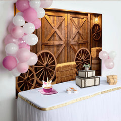 Lofaris Rustikaler Holz Scheunen-Fotohintergrund mit Wagenrädern und Heuballen, Vintage Kulisse für Western-Partys und Fotoshootings